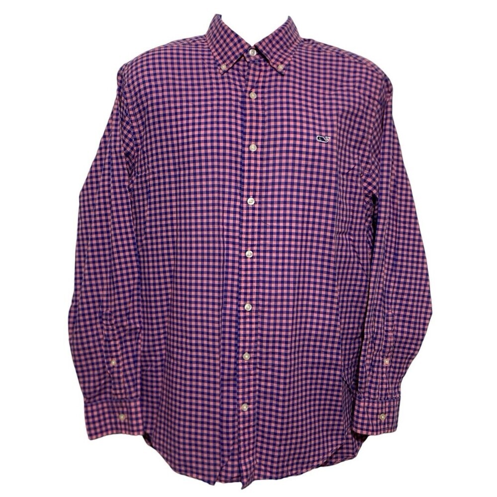 Vineyard Vines Slim Fit Whale Shirt Mens L Long Sleeve Pink Blue Check Button Up